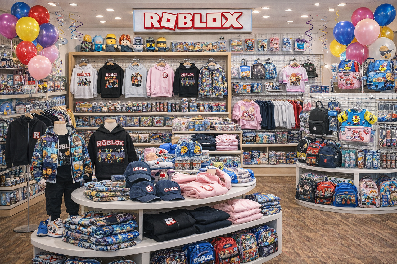 Collection of official Roblox hoodies and streetwear displayed in a modern gallery setting at Dobermen Premier.