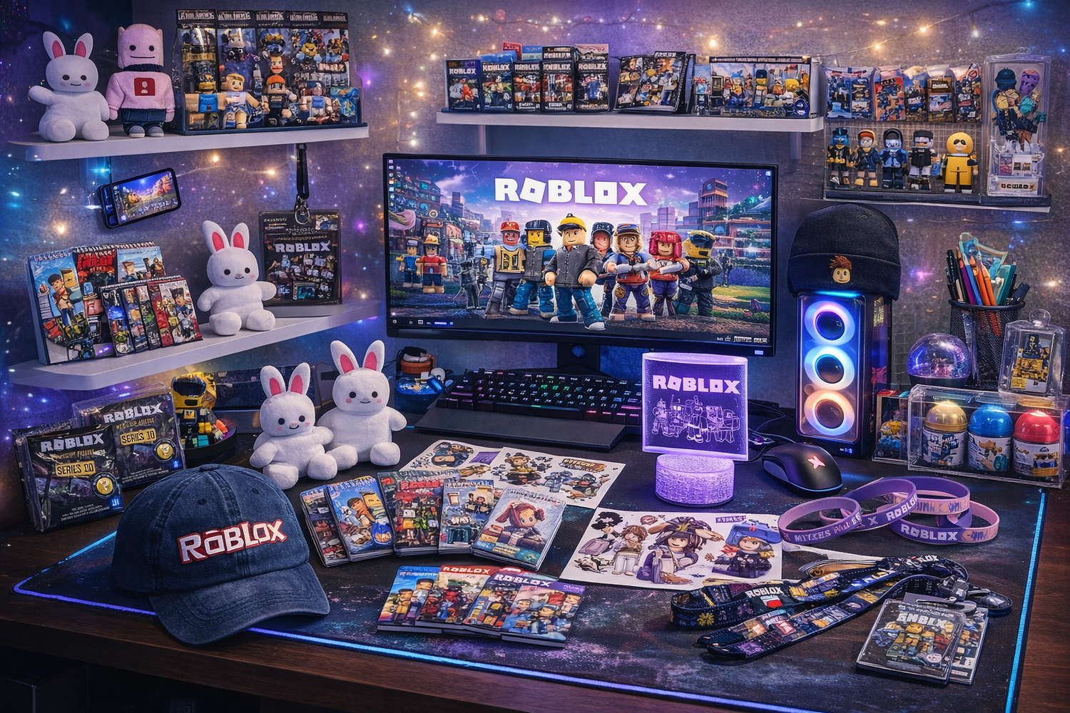 Detailed display of various Roblox collectible accessories, mystery chests, and gaming figures at Dobermen Premier.