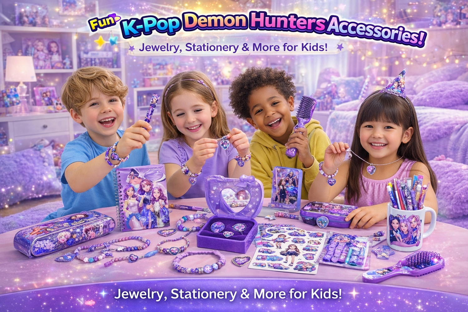 Variety of Kpop accessories including character keychains, enamel pins, and jewelry featuring Rumi, Mira, and Zoey from K-Pop: Demon Hunters at Dobermen Premier.