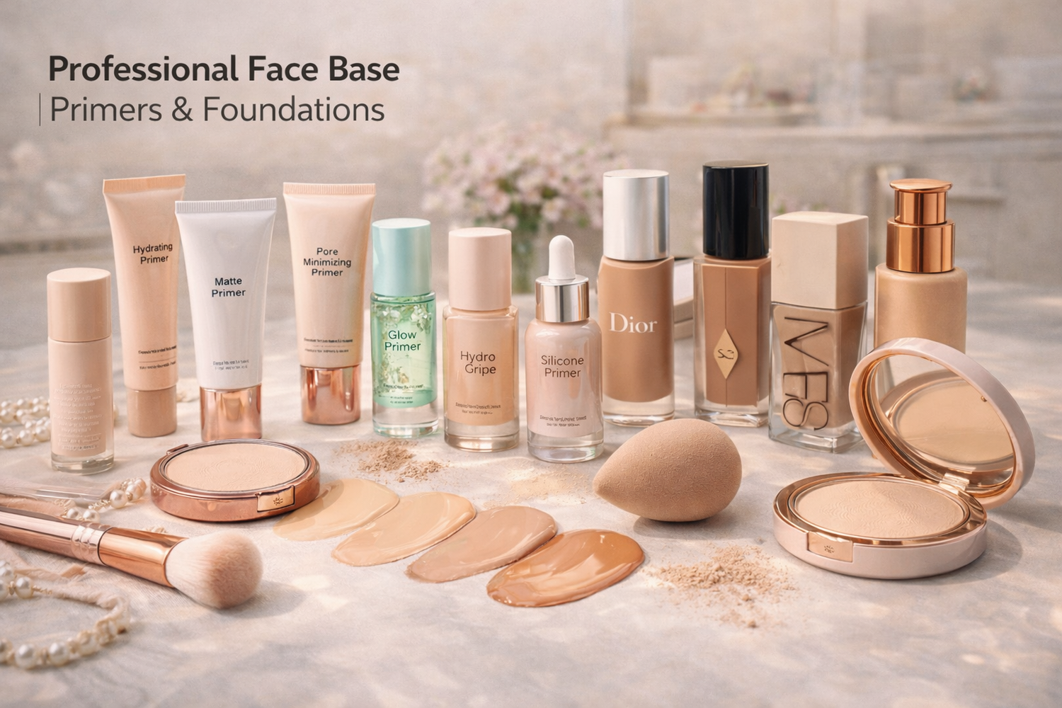 Collection of professional liquid foundations and skin-blurring primers in multiple shades at Dobermen Premier.