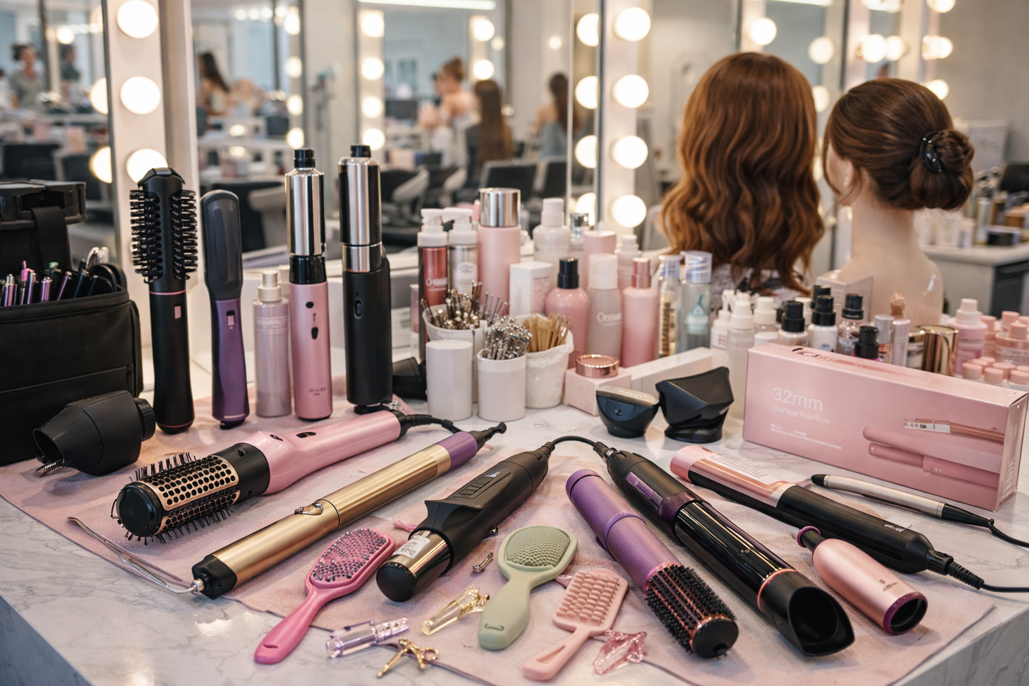 Collection of professional hair styling tools including ionic dryers and ceramic flat irons at Dobermen Premier.