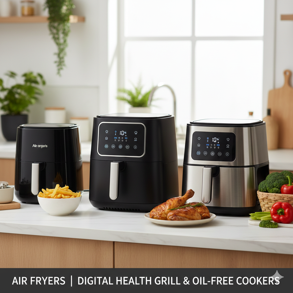 Collection of modern digital air fryers in matte black and stainless steel finishes with LED touch displays available at dobermenpremier.com