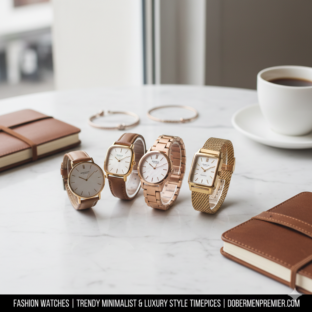 Elegant display of fashion watches in gold, silver, and leather finishes for men and women available at dobermenpremier.com