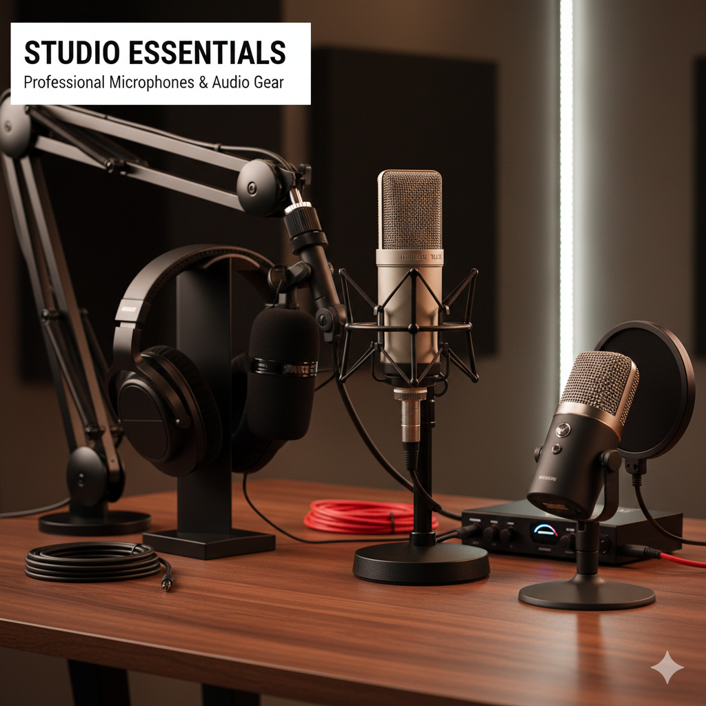 Collection of professional gaming microphones including RGB USB condenser mics and studio XLR setups with shock mounts at Dobermen Premier.