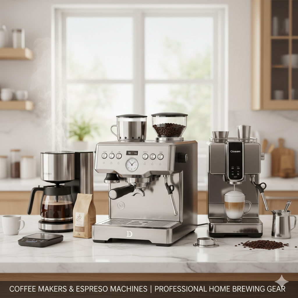 Collection of professional espresso machines with milk frothers and modern stainless steel coffee makers on a clean kitchen countertop at Dobermen Premier.