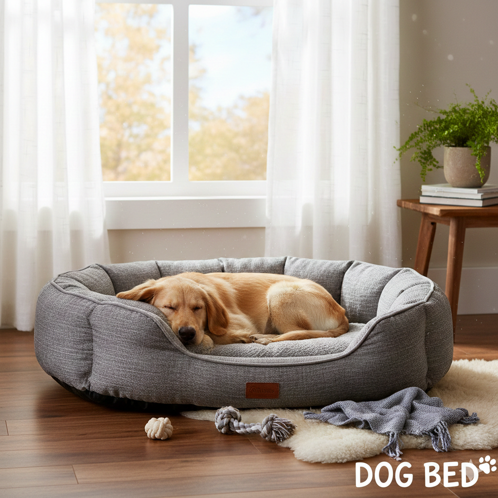 Selection of premium orthopedic dog beds and calming plush loungers in a modern home setting at Dobermen Premier.