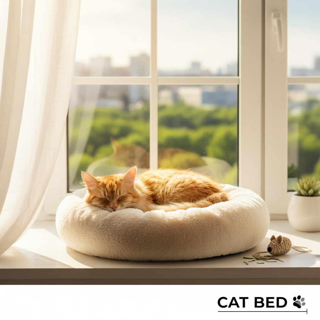 Variety of premium calming cat beds, hooded caves, and window hammocks displayed in a stylish home at Dobermen Premier.