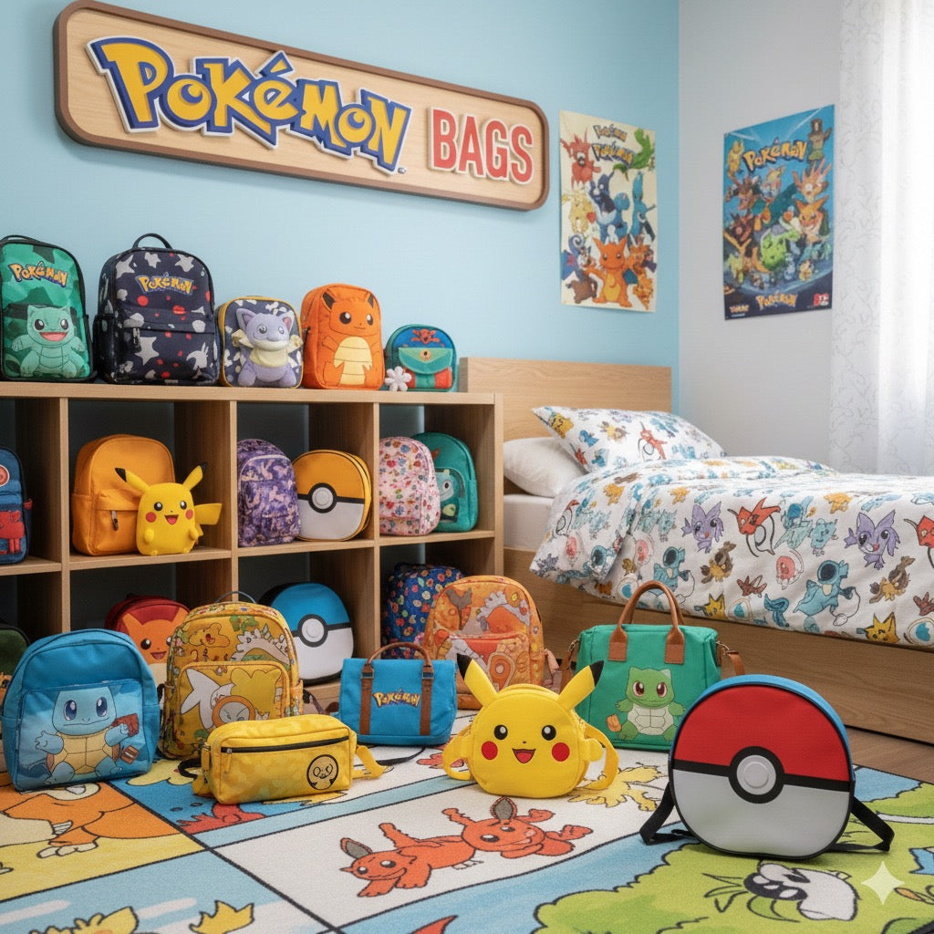 Collection of official Pokemon backpacks and school bags featuring various characters on display at Dobermen Premier.