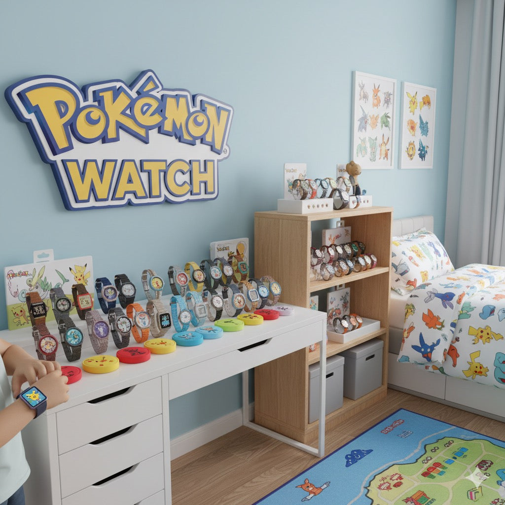 Wide display of various Pokemon and Pikachu watches and alarm clocks in a themed bedroom setting at Dobermen Premier