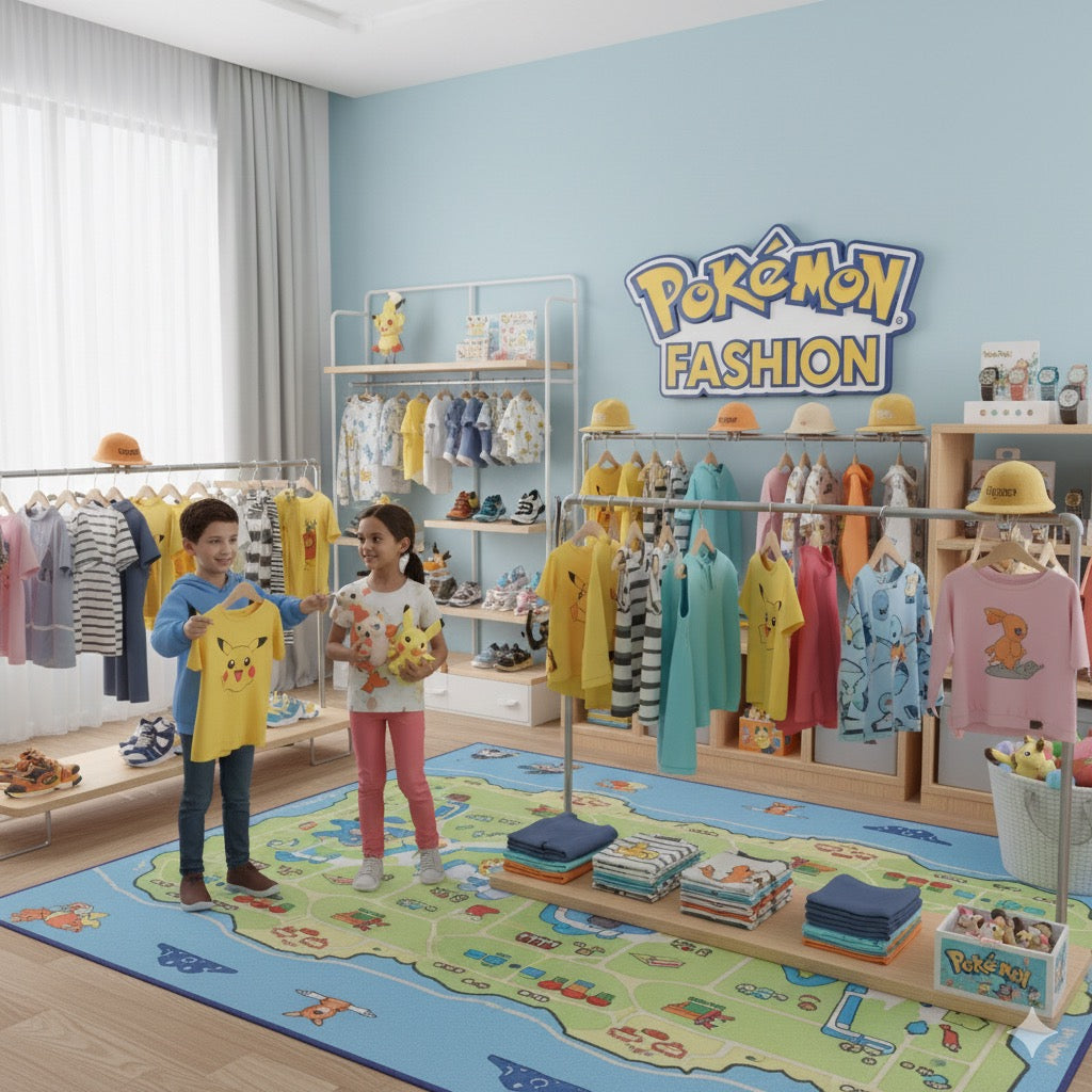 Display of official Pokemon hoodies and character apparel in a modern fashion gallery at Dobermen Premier.