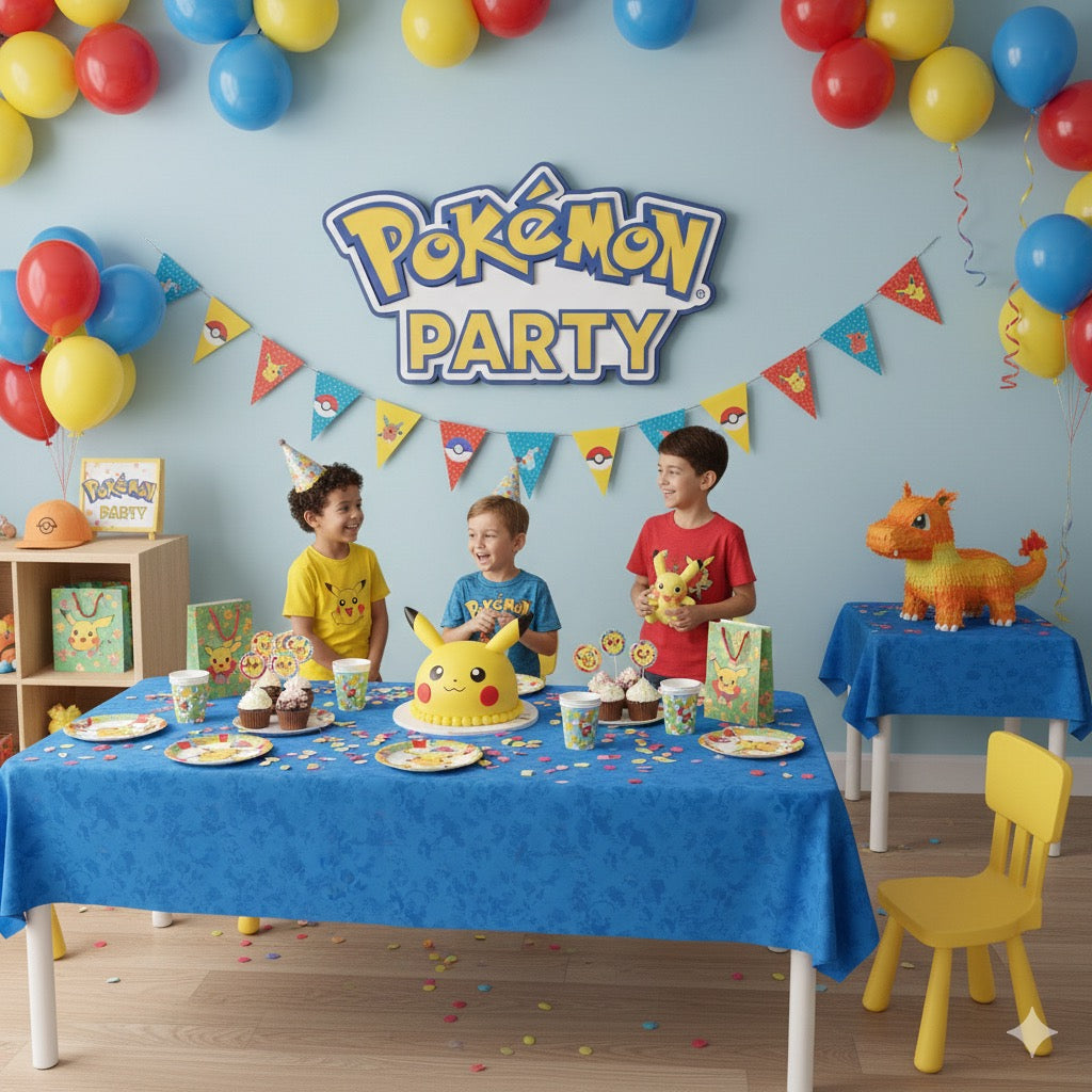 Complete Pokemon themed birthday party decoration kit featuring Pikachu balloons and festive tableware at Dobermen Premier.