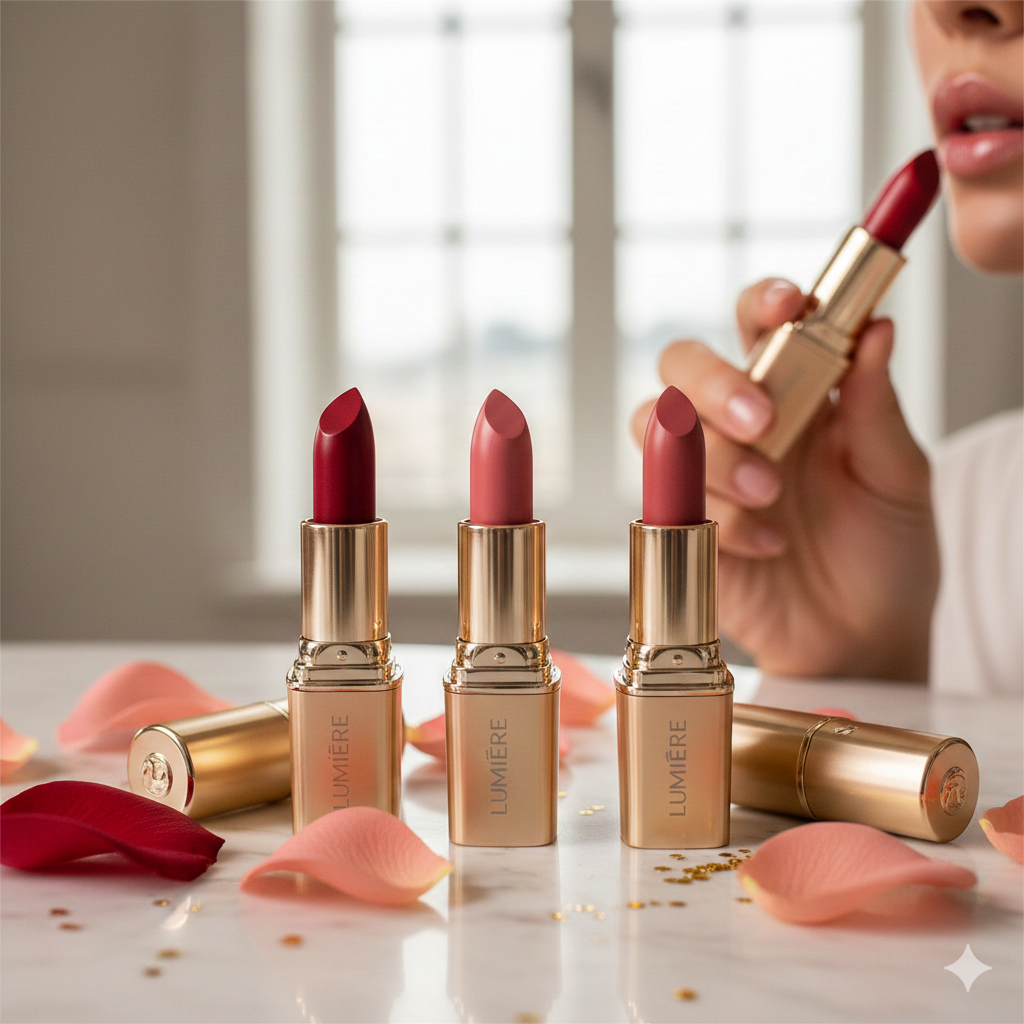 Selection of luxury matte and satin lipsticks in various elegant shades at Dobermen Premier.