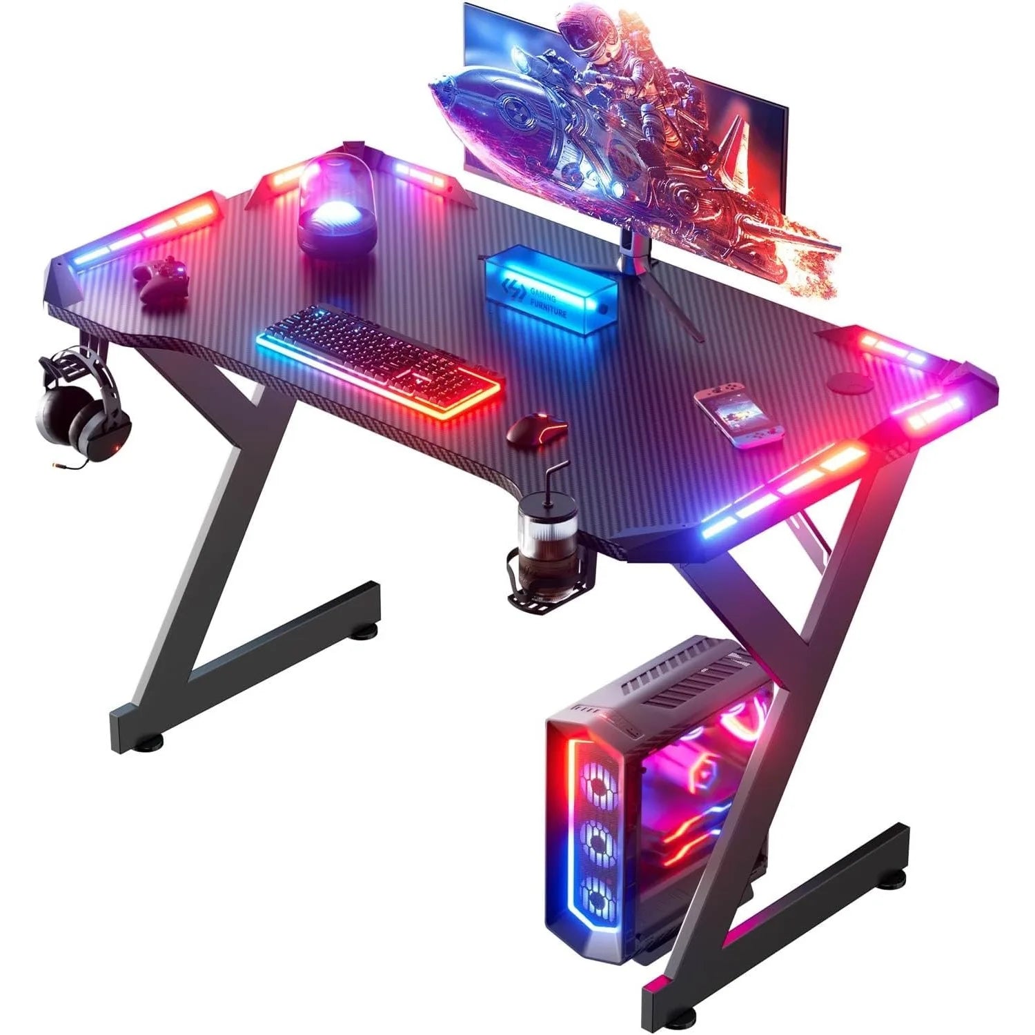 Modern carbon fiber gaming desk with integrated LED lighting and cable management system at Dobermen Premier.