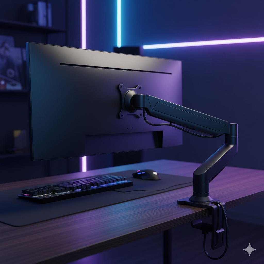 Heavy-duty dual monitor gas-spring mount with integrated cable management in a professional gaming setup at Dobermen Premier.