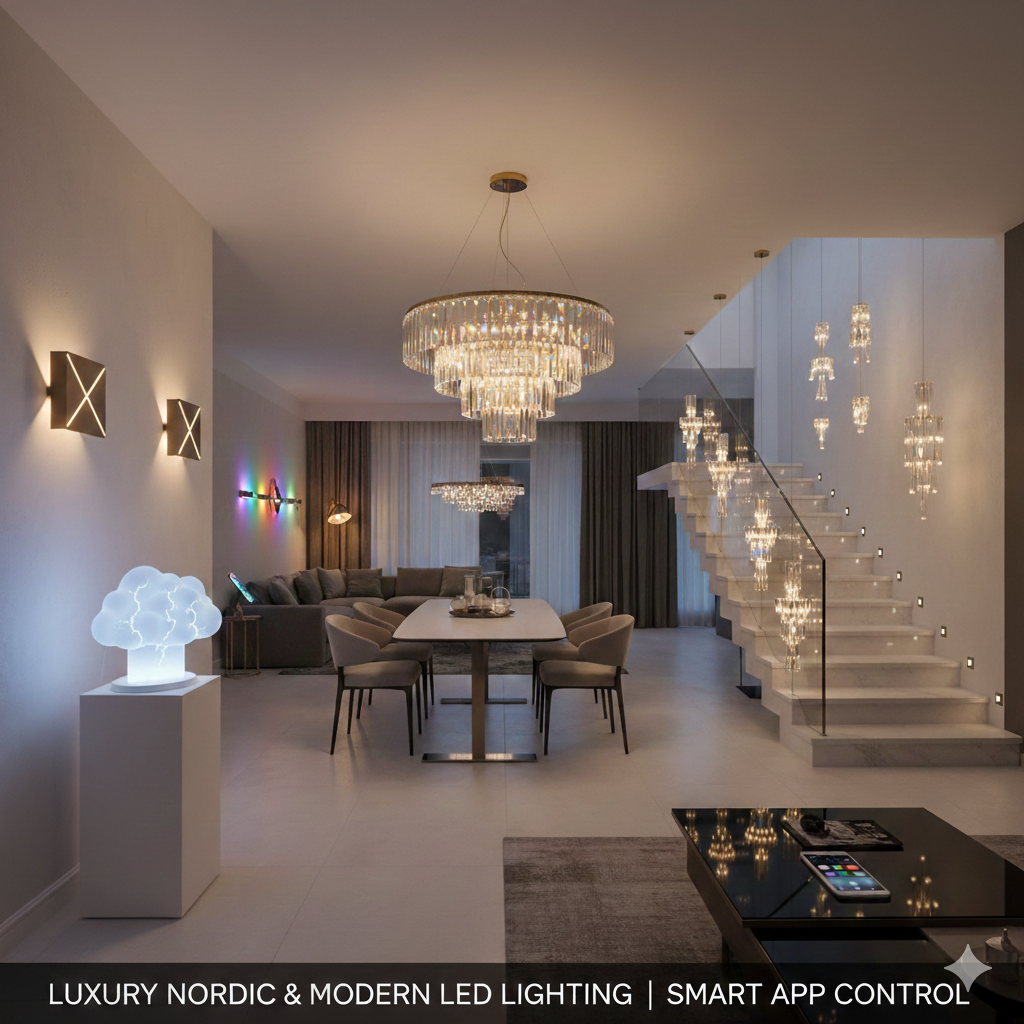 Collection of luxury decorative lighting including Nordic crystal chandeliers, modern LED wall lamps, and creative lightning cloud lights at Dobermen Premier.
