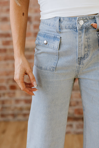 Sky Blue Stripe Button Flap Pocket Cuffed Hem Wide Leg Jeans