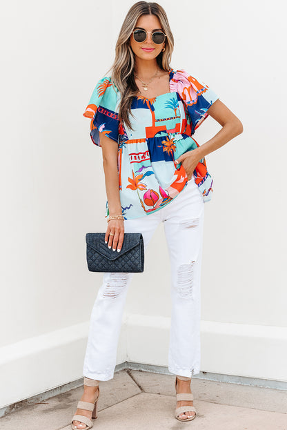 Sky Blue Tropical Printed Square Neck Flutter Sleeve Babydoll Blouse