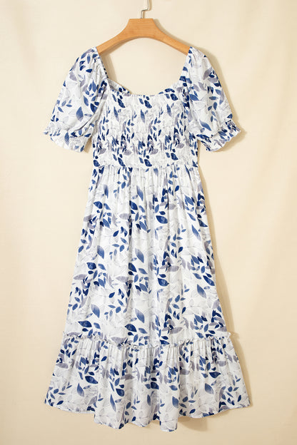 Sky Blue Smocked Bodice Short Puff Sleeve Tiered Floral Midi Dress