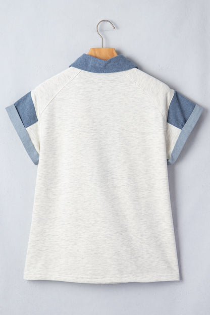Carbon Grey Denim Color Block Patchwork Shirt Collar Short Sleeve Blouse