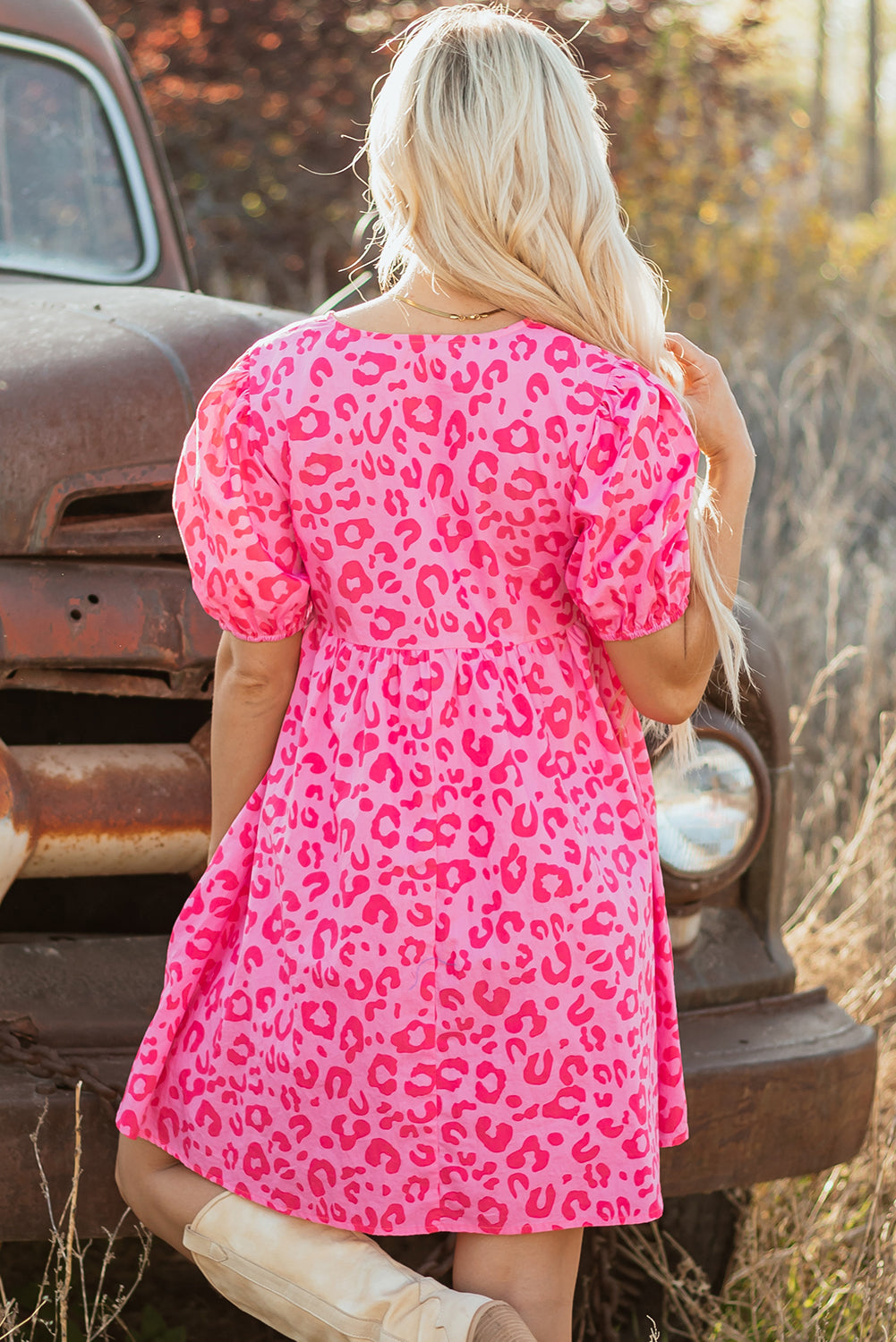 Rose Leopard Puff Sleeve Tie Front High Waist Mini Dress