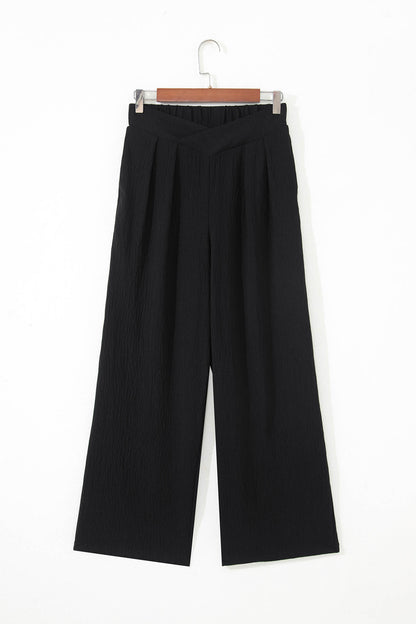 Color black Solid Color Textured Crossed Waist Loose Pants