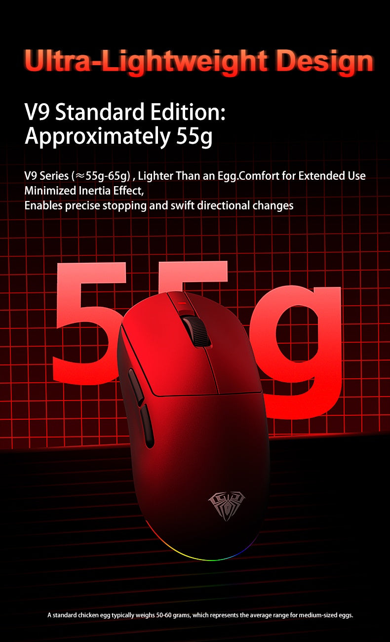 Aula V9 Ultra Wireless E-sports Gaming Mouse Double 8k 3mode PAW 3950 8k 55g Lightweight Ergonomic Mouse Custom PC Accessory