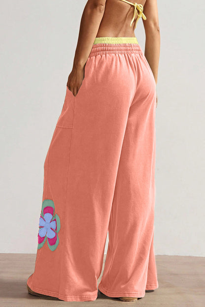 Sea Green Color Block Flower Patchwork Drawstring Contrasted Elastic Waist Wide Leg Pants