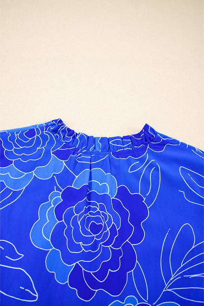 Blue Floral Ruffled Hem V Neck Short Sleeve Flowy Mini Dress