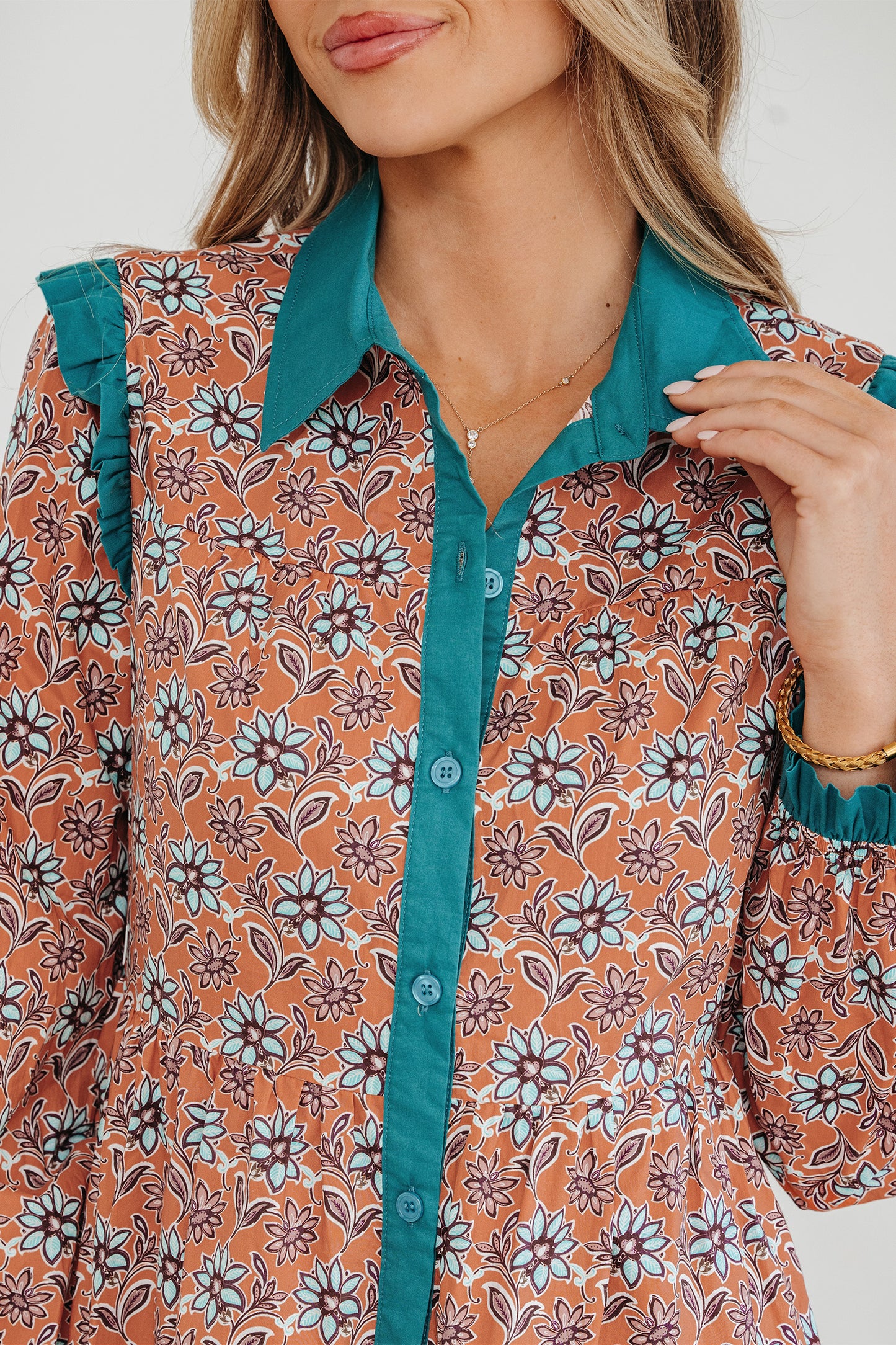 Orange Boho Floral Contrast Collared Shirt Mini Dress