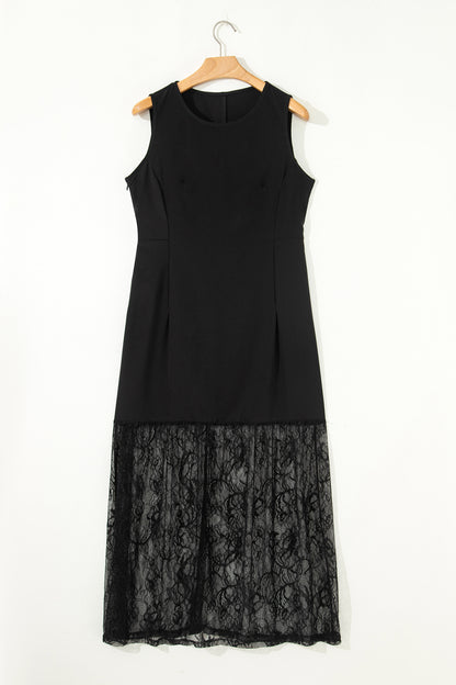 Black Solid Color Sleeveless Sheer Floral Lace Patchwork Long Dress