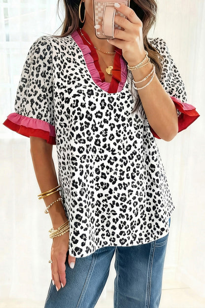 Pink Stripe Ruffled Trim V Neck Leopard Print Short Sleeve Blouse