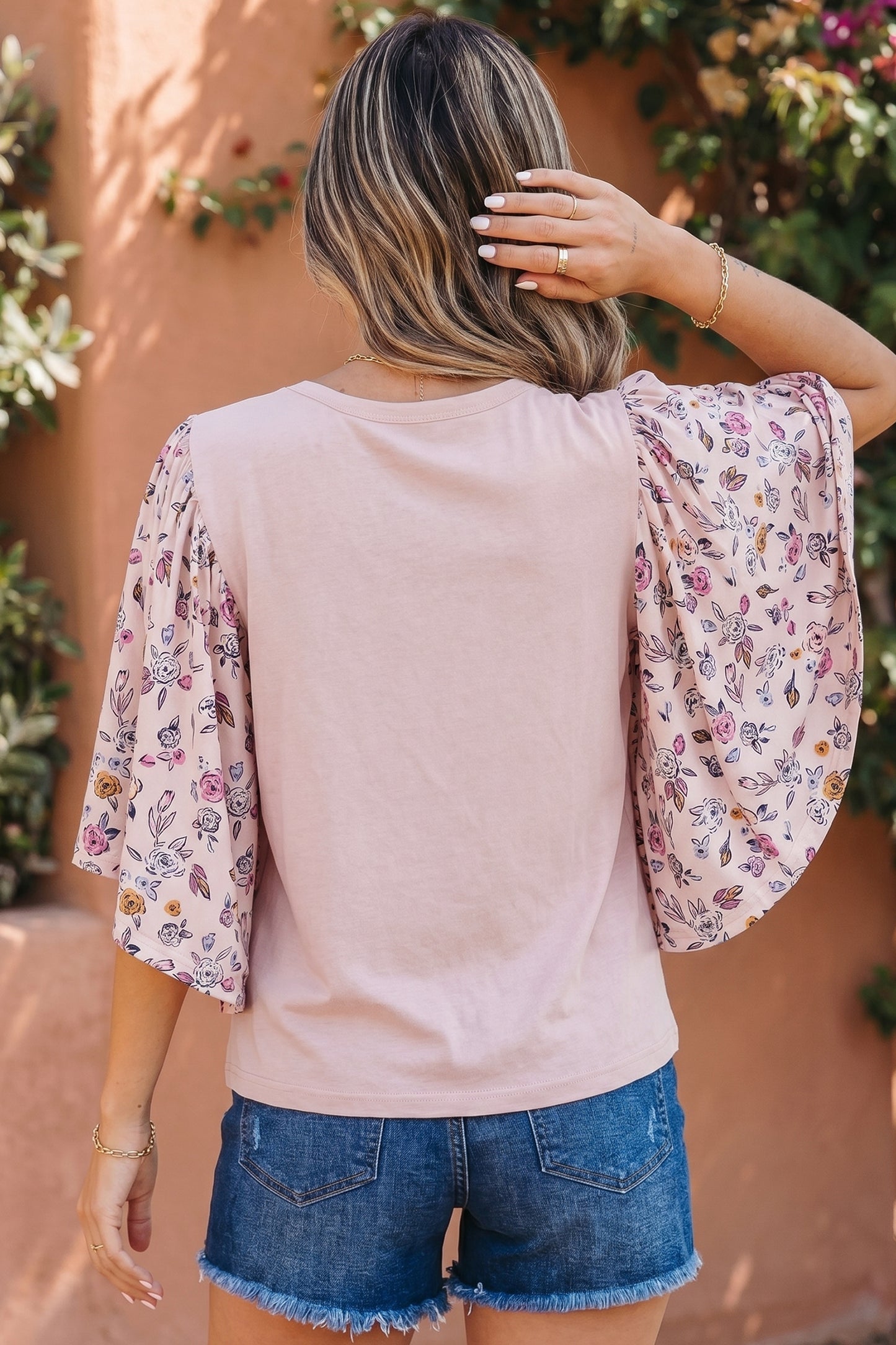 Pink Contrast Floral Patched Flowy Half Sleeve Blouse