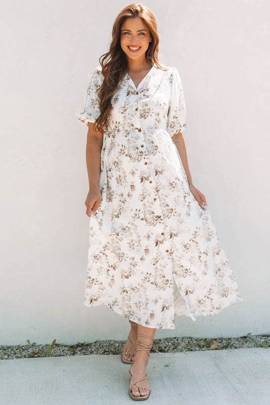 Khaki Floral Puff Sleeve V Neck Buttoned Front Maxi Dress