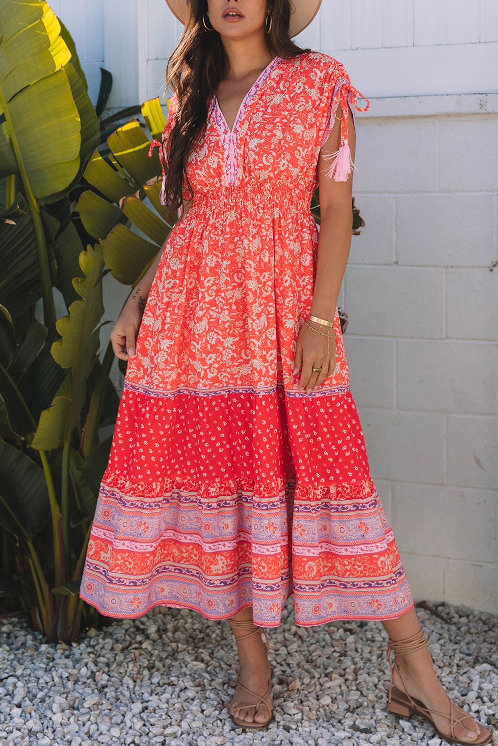 Red Floral Print Tasseled Tied Sleeve Empire Waist Maxi Dress