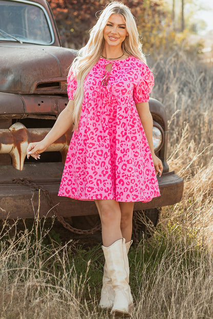 Rose Leopard Puff Sleeve Tie Front High Waist Mini Dress