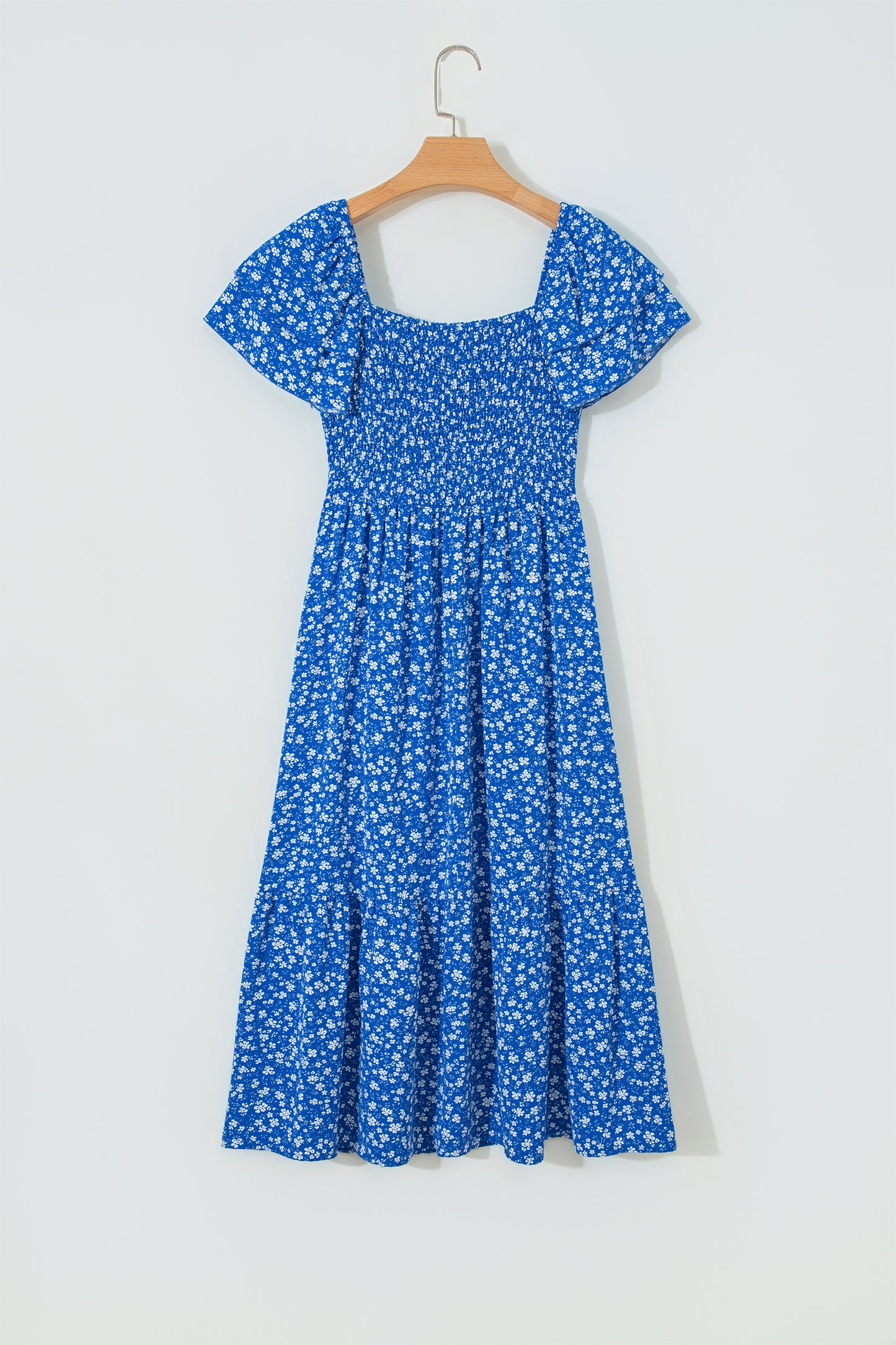 Beige Ditsy Floral Print Smocked Square Neck Ruffle Short Sleeve Dress