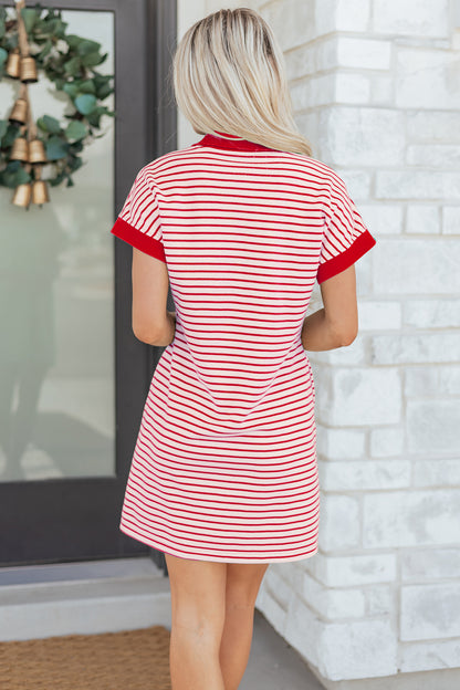 Green Stripe Quarter Zip Polo Collar T Shirt Dress with Pockets