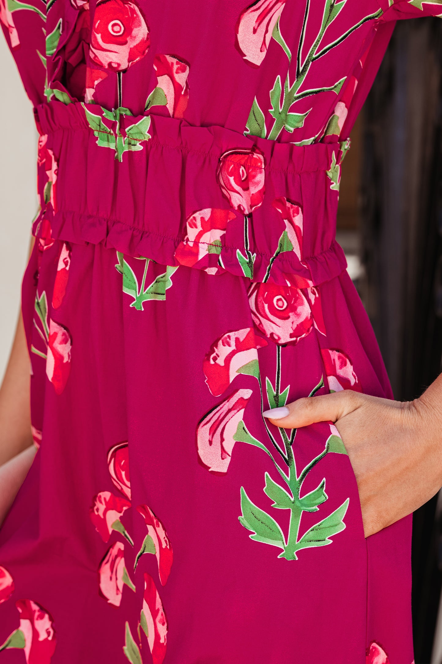 Red Floral Print Frilled V Neck Short Sleeve Ruffle Maxi Dress
