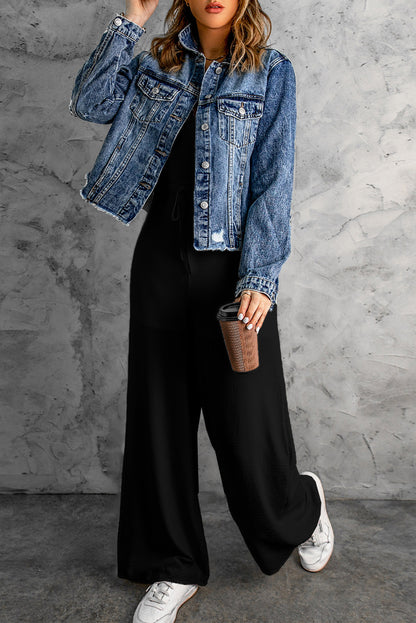 Black Solid Spaghetti Strap Wide Leg Drawstring High Waist Jumpsuit