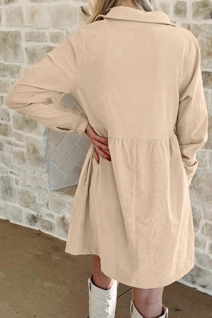 Black Corduroy Half Button Collared Long Sleeve Mini Dress