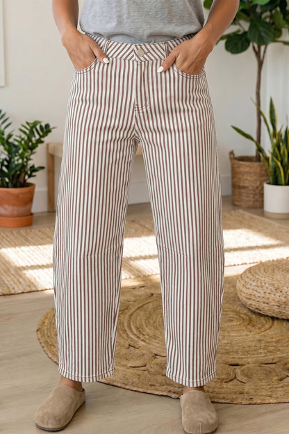 Khaki Stripe Casual Barrel Jeans