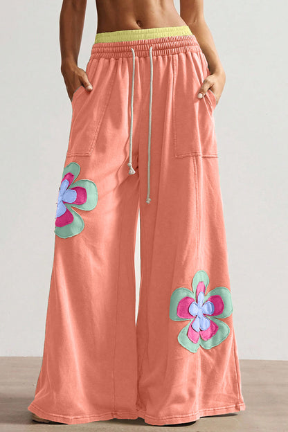 Sea Green Color Block Flower Patchwork Drawstring Contrasted Elastic Waist Wide Leg Pants