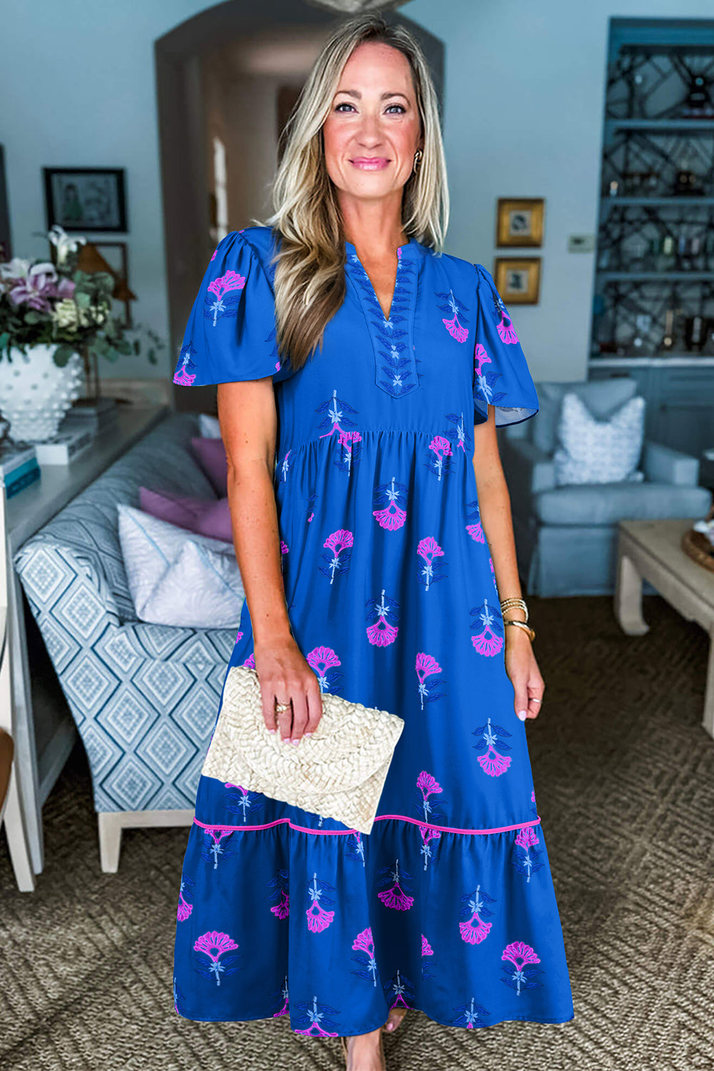Blue Floral Print Notched Neck Butterfly Sleeve Shift Long Dress