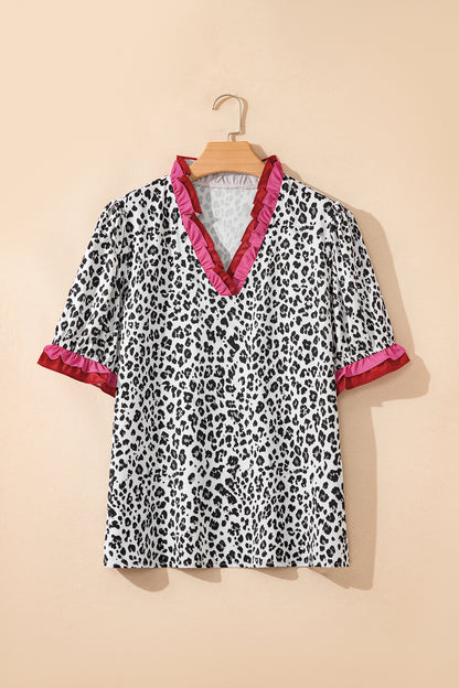 Pink Stripe Ruffled Trim V Neck Leopard Print Short Sleeve Blouse