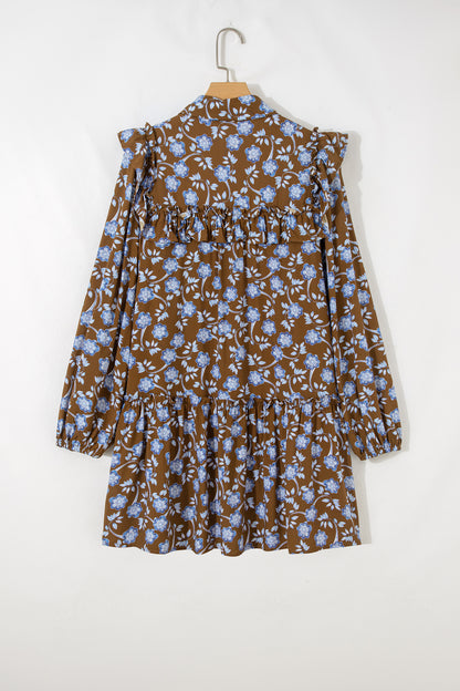 Brown Floral Print Ruffled Detail Shirt Collar Button Down Long Sleeve Dress