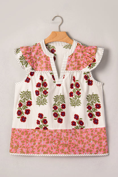 White Floral Print Contrast Striped Trim Flutter Cotton Blouse