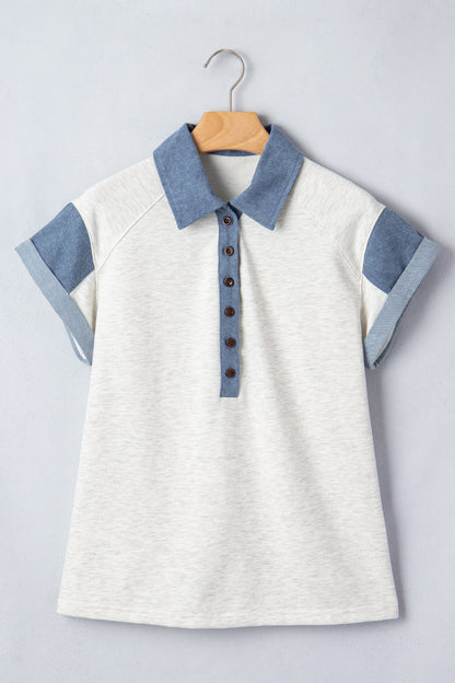 Carbon Grey Denim Color Block Patchwork Shirt Collar Short Sleeve Blouse