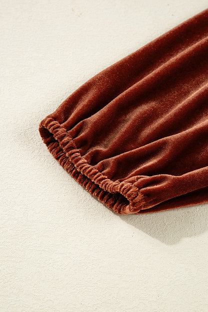 Clay Elastic V Neck Puff Sleeve Short Velvet Dress