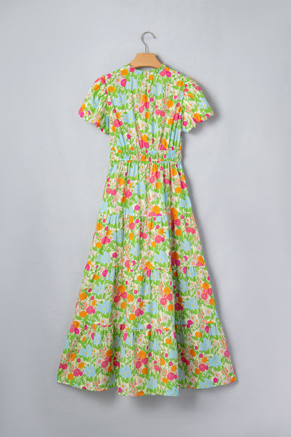 Green Floral Print V Neck Short Puff Sleeve Cotton Maxi Dress
