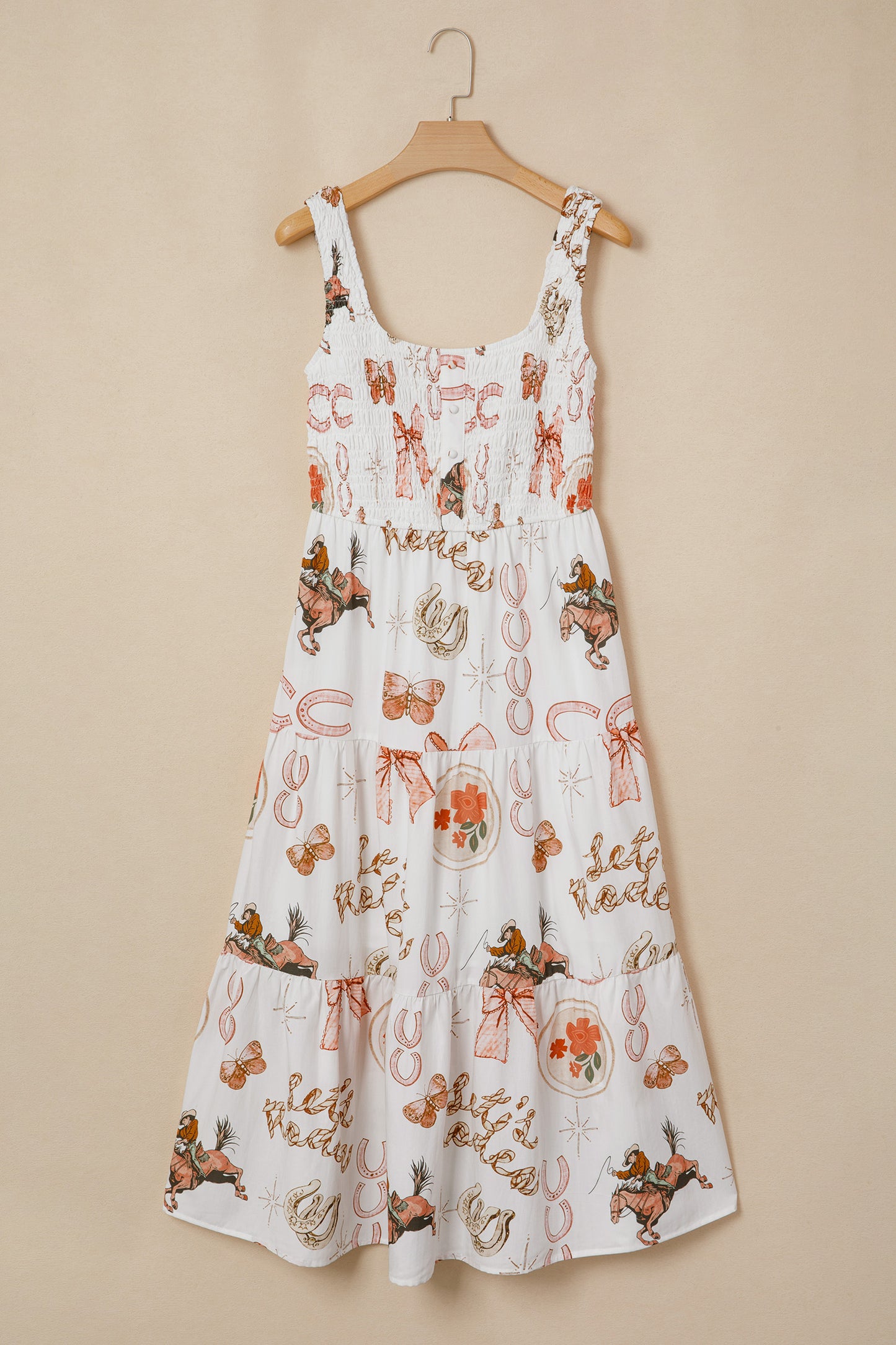 White Western Horseshoe Print U-Neck Sleeveless Midi Dress